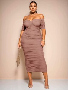 Elegant Dusty Pink One-Shoulder Gathered Midi Dress for Plus Size Women: Chic, Classy, and Trendy Fashion Style to Dress to Impress