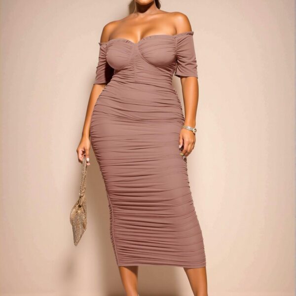 Elegant Dusty Pink One-Shoulder Gathered Midi Dress for Plus Size Women: Chic, Classy, and Trendy Fashion Style to Dress to Impress