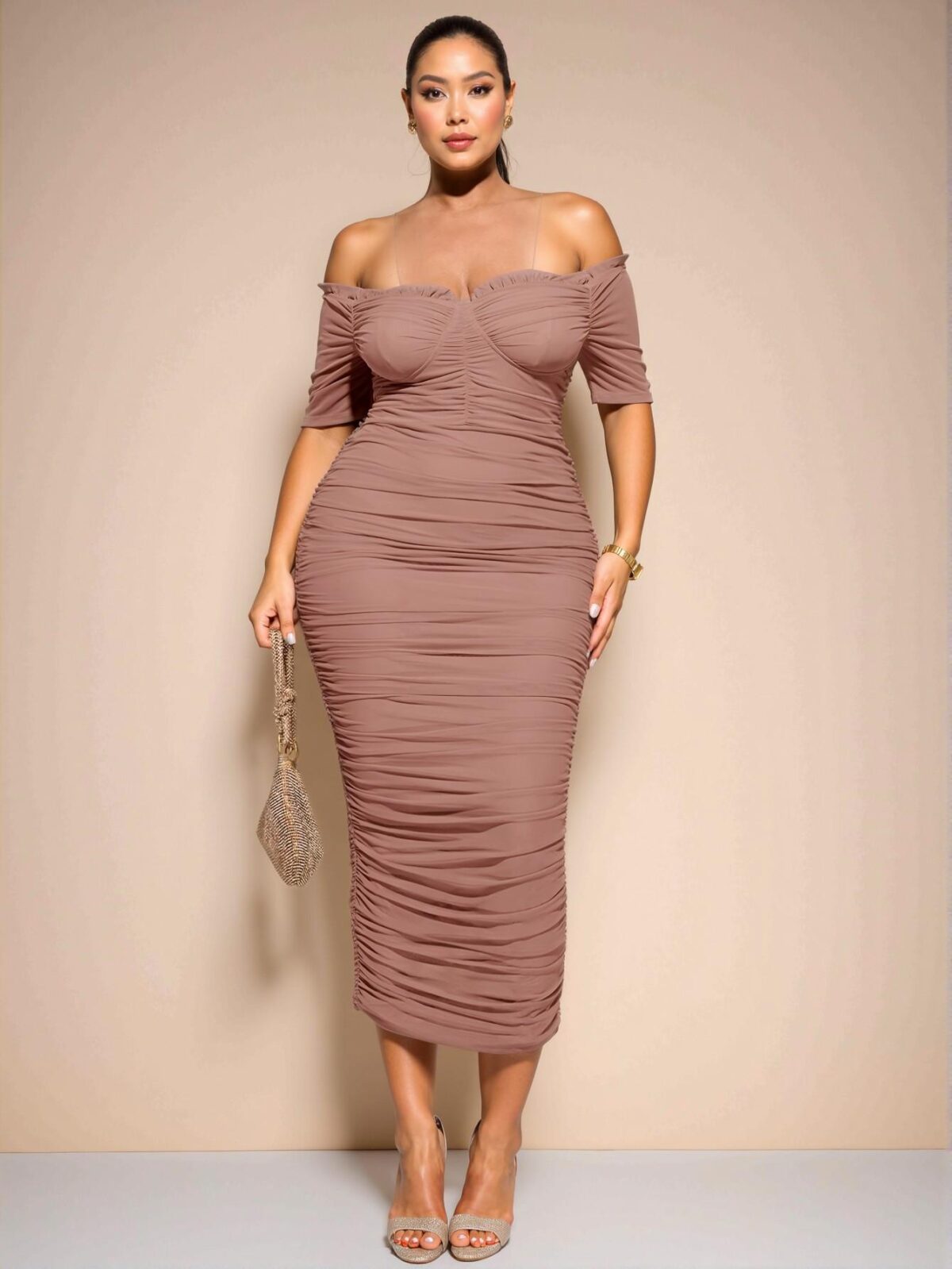 Elegant Dusty Pink One-Shoulder Gathered Midi Dress for Plus Size Women: Chic, Classy, and Trendy Fashion Style to Dress to Impress - Image 3