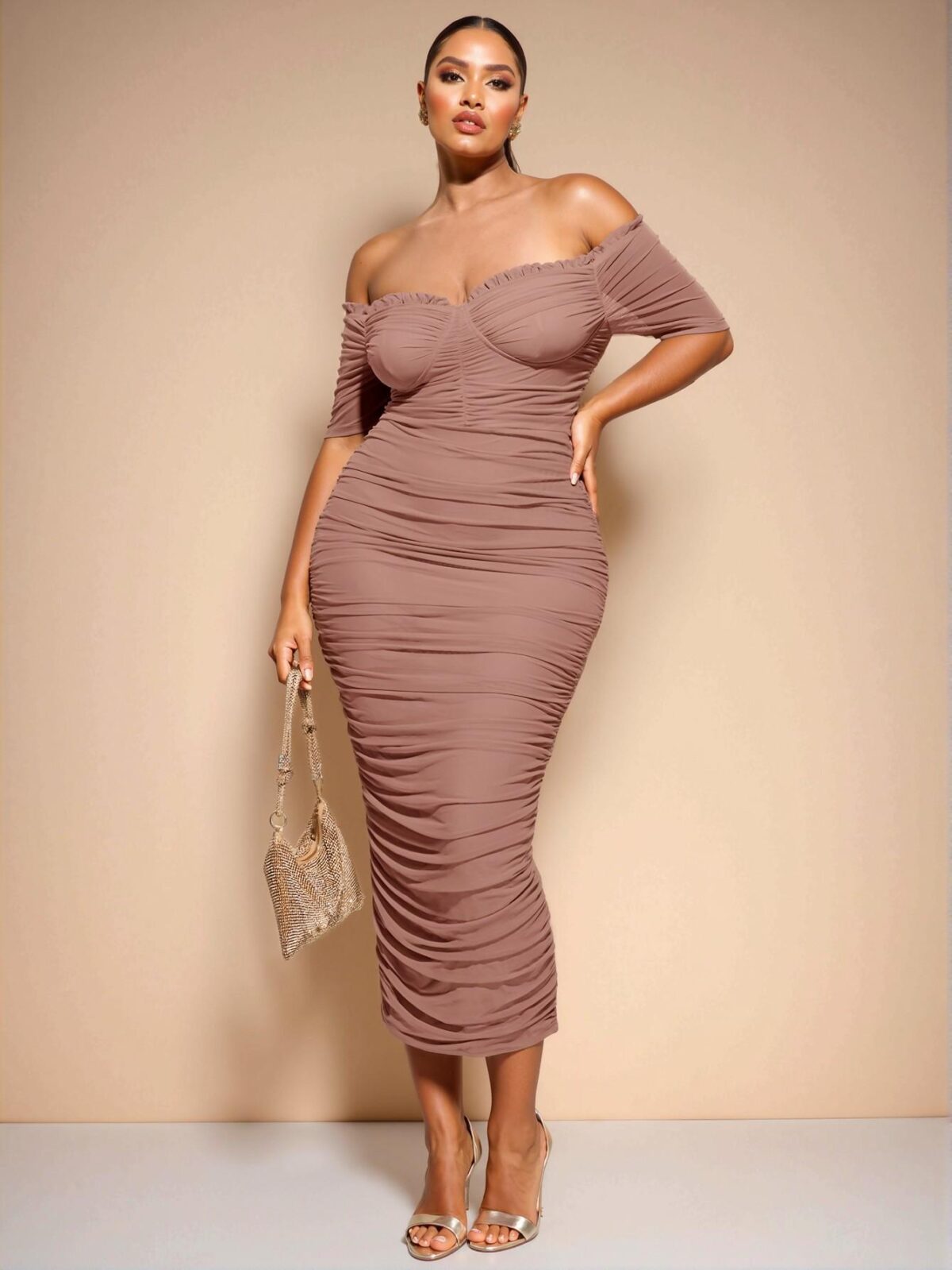 Elegant Dusty Pink One-Shoulder Gathered Midi Dress for Plus Size Women: Chic, Classy, and Trendy Fashion Style to Dress to Impress - Image 4