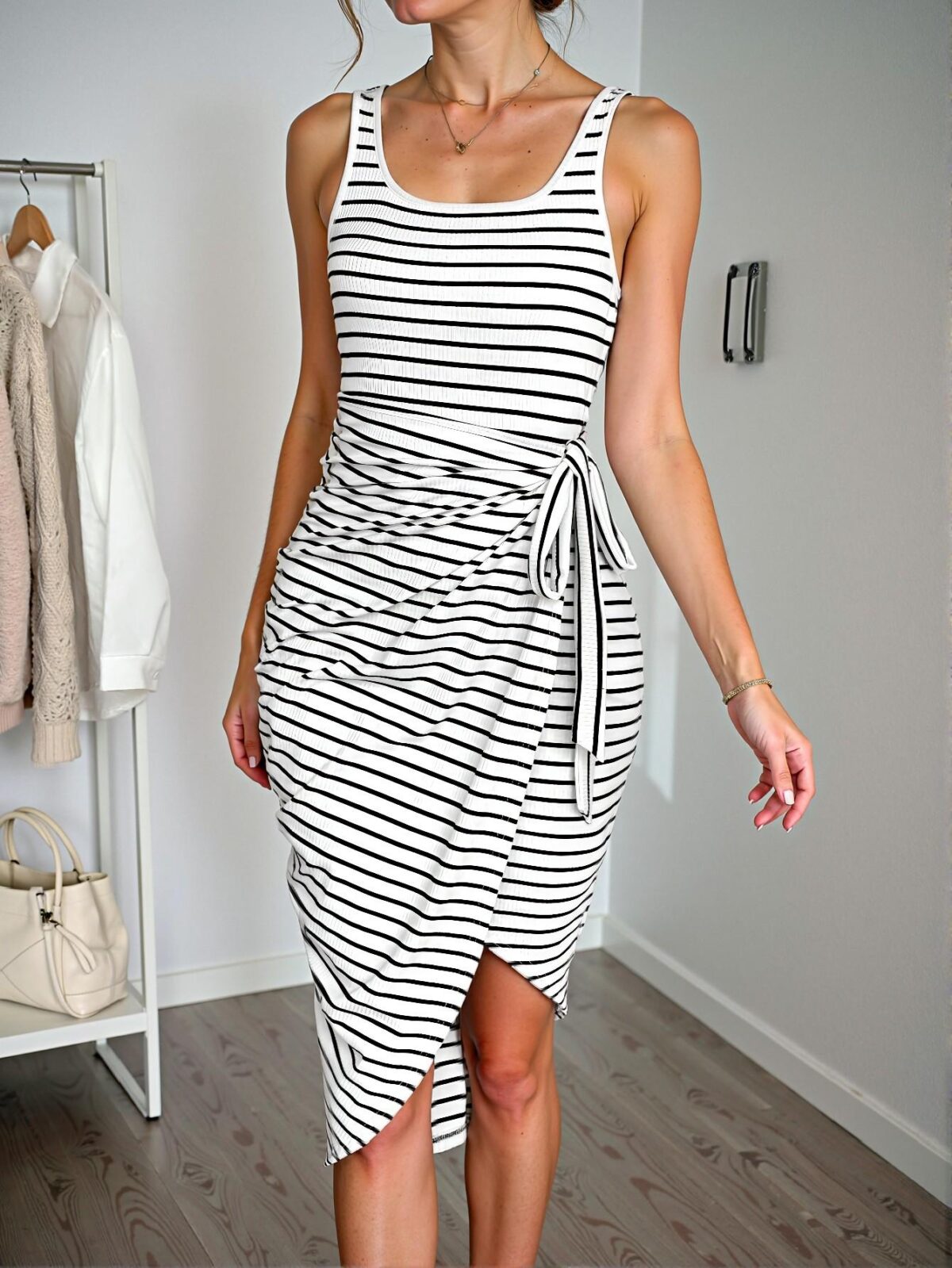 Elegant Black and White Striped Boat Neck Side-Knotted Midi Dress for Spring and Summer - Chic, Classy and Trendy Fashion Style to Dress to Impress - Image 3
