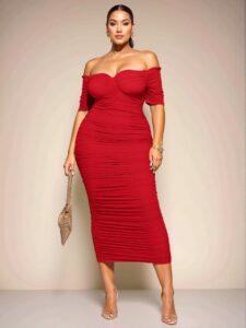 Elegant Red Stylish One-Shoulder Gathered Midi Dress for Special Occasions - Chic, Classy and Trendy Fashion Style to Dress to Impress