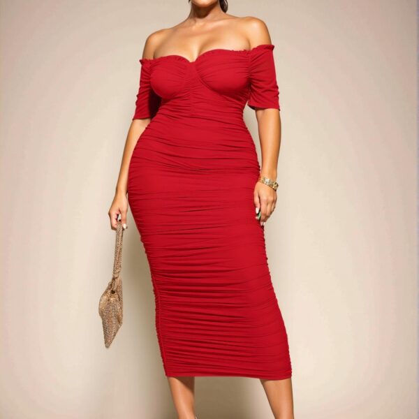 Elegant Red Stylish One-Shoulder Gathered Midi Dress for Special Occasions - Chic, Classy and Trendy Fashion Style to Dress to Impress