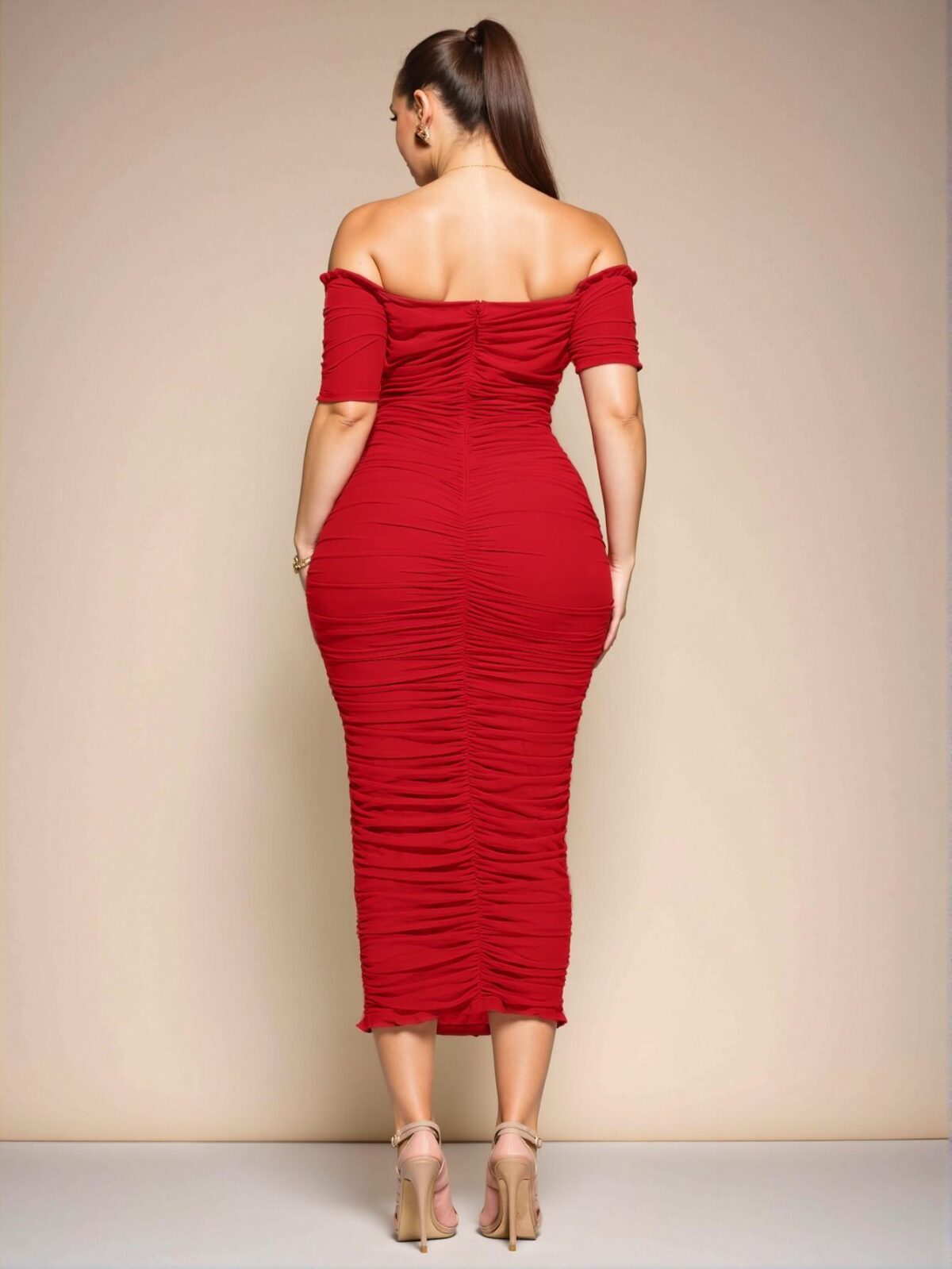 Elegant Red Stylish One-Shoulder Gathered Midi Dress for Special Occasions - Chic, Classy and Trendy Fashion Style to Dress to Impress - Image 2