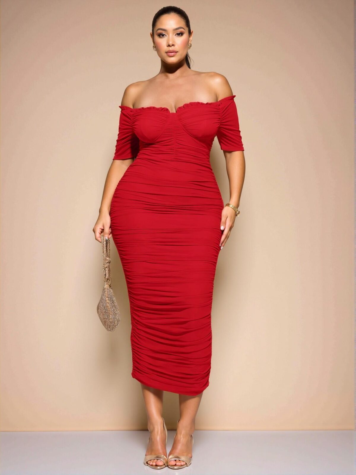 Elegant Red Stylish One-Shoulder Gathered Midi Dress for Special Occasions - Chic, Classy and Trendy Fashion Style to Dress to Impress - Image 3