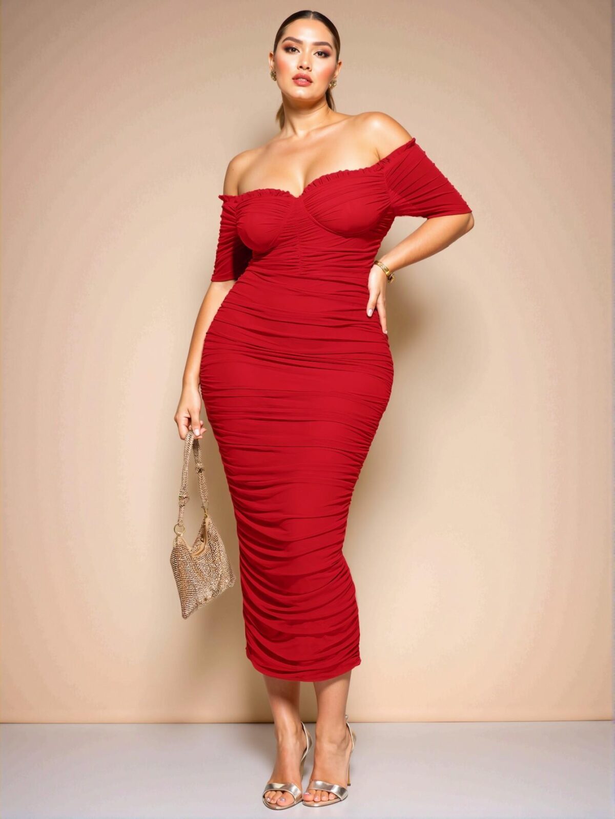 Elegant Red Stylish One-Shoulder Gathered Midi Dress for Special Occasions - Chic, Classy and Trendy Fashion Style to Dress to Impress - Image 4