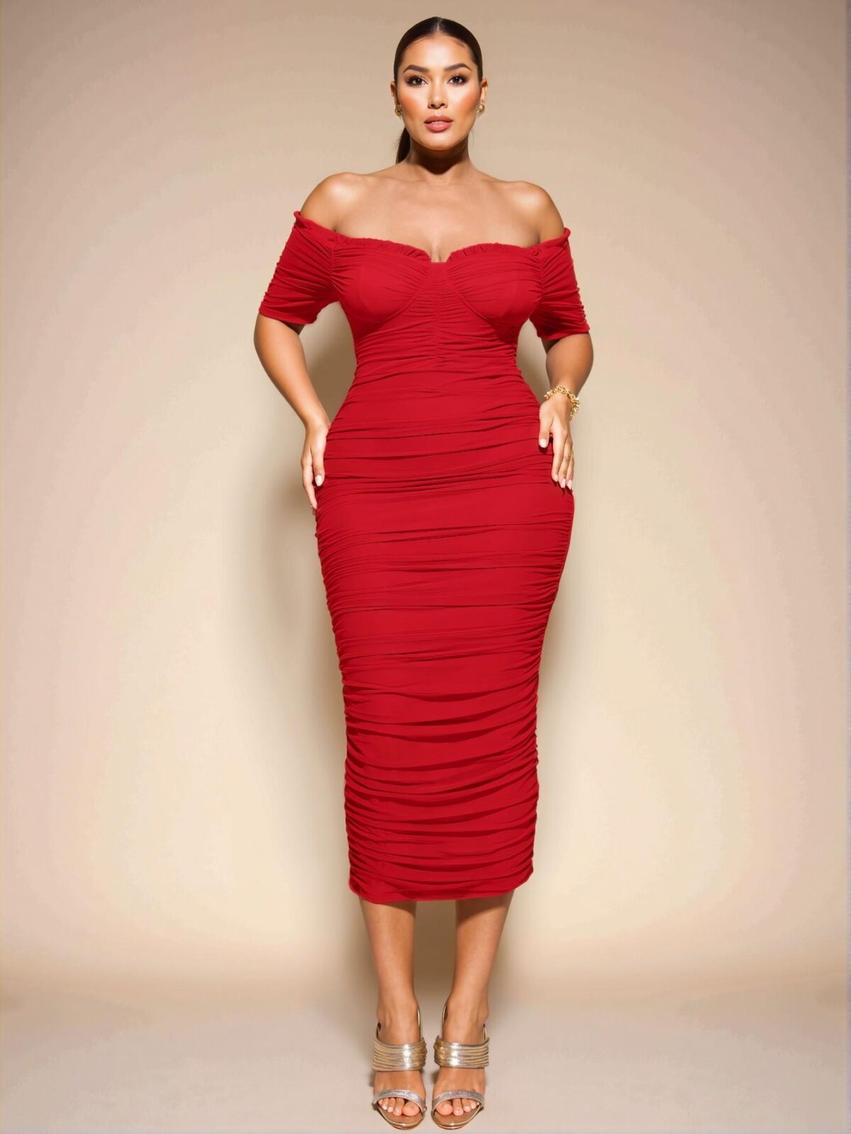 Elegant Red Stylish One-Shoulder Gathered Midi Dress for Special Occasions - Chic, Classy and Trendy Fashion Style to Dress to Impress - Image 5