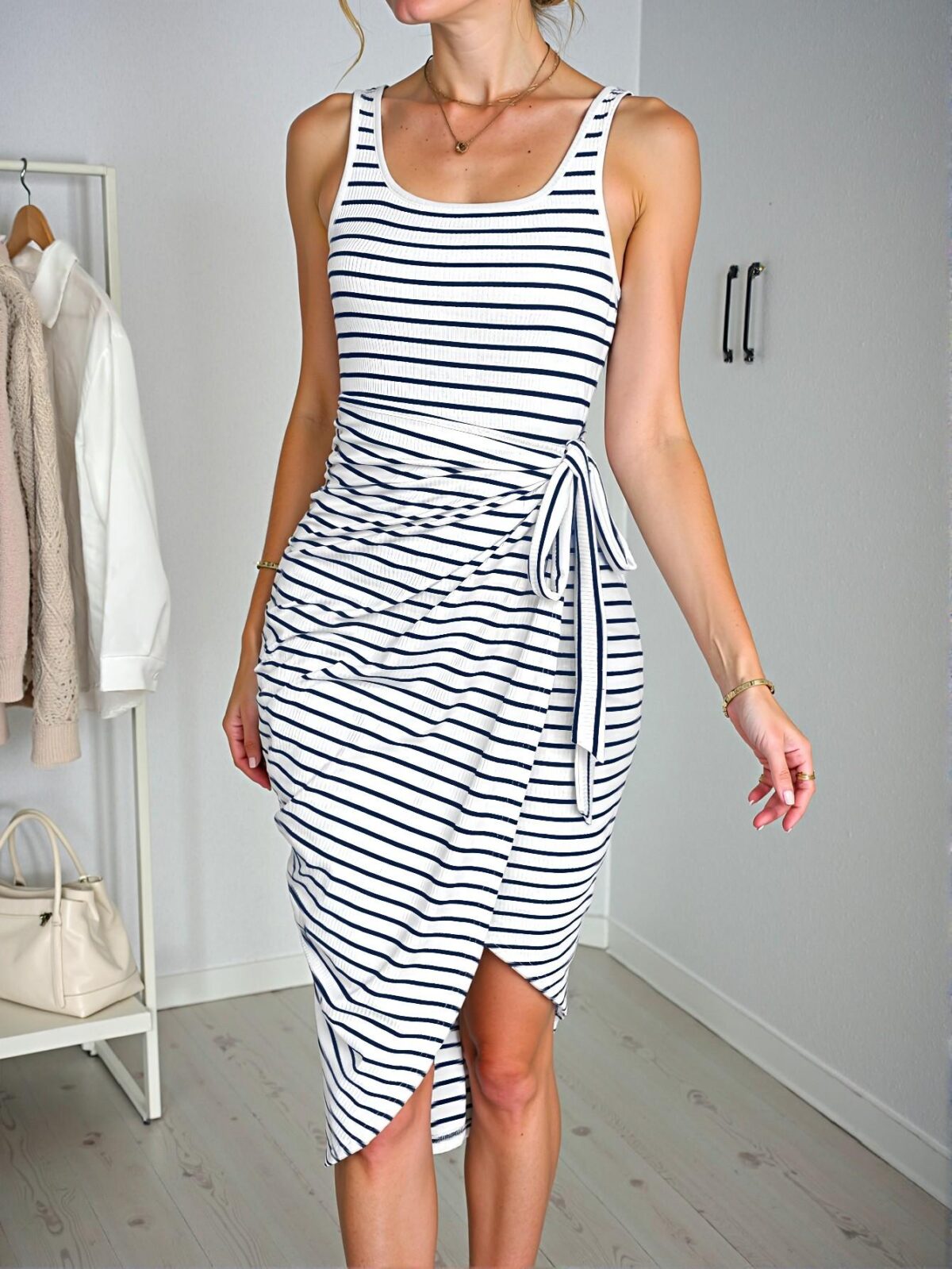 Elegant Blue Casual Striped Tie-Wrap Midi Dress for Women, Versatile Shirt Dress Perfect for Spring and Summer, Chic, Classy and Trendy Fashion Style to Dress to Impress - Image 3