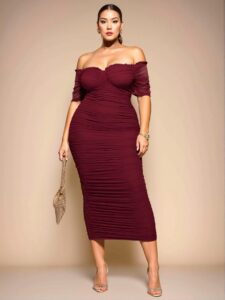 Elegant Burgundy Off-the-Shoulder Gathered Midi Dress for Women – Perfect for Summer Celebrations – Chic, Classy and Trendy Fashion Style to Dress to Impress
