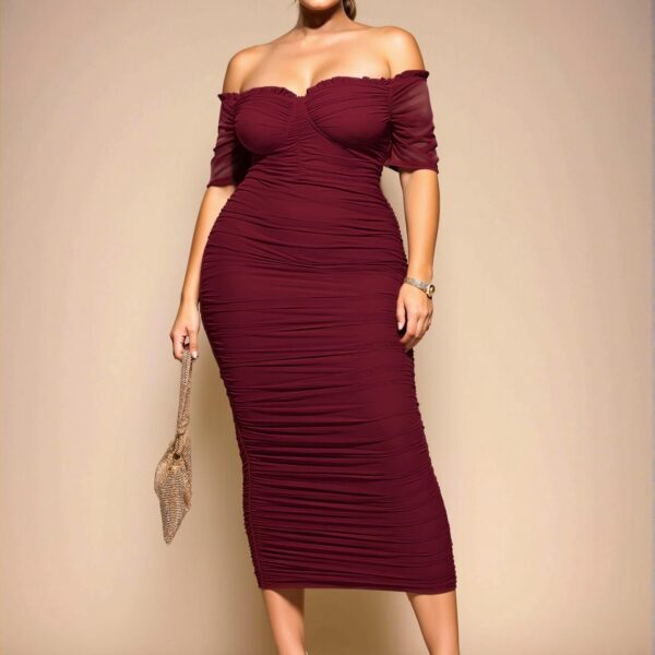 Elegant Burgundy Off-the-Shoulder Gathered Midi Dress for Women – Perfect for Summer Celebrations – Chic, Classy and Trendy Fashion Style to Dress to Impress