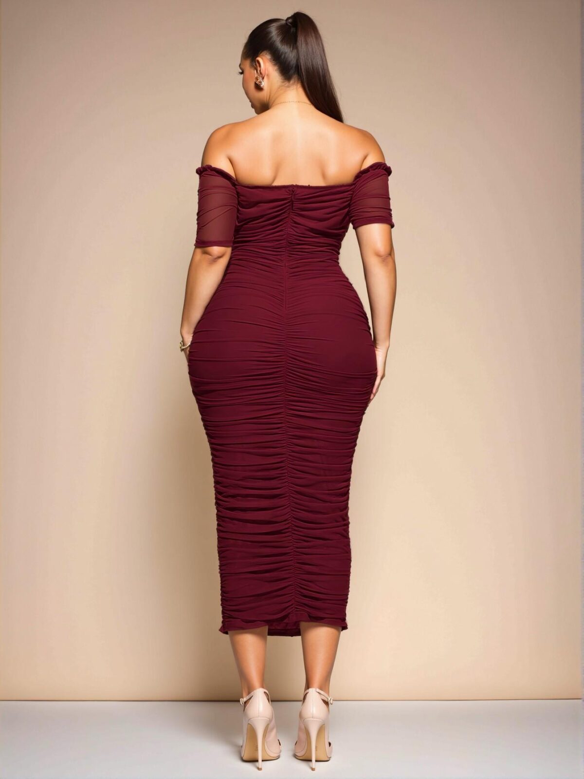 Elegant Burgundy Off-the-Shoulder Gathered Midi Dress for Women – Perfect for Summer Celebrations – Chic, Classy and Trendy Fashion Style to Dress to Impress - Image 2