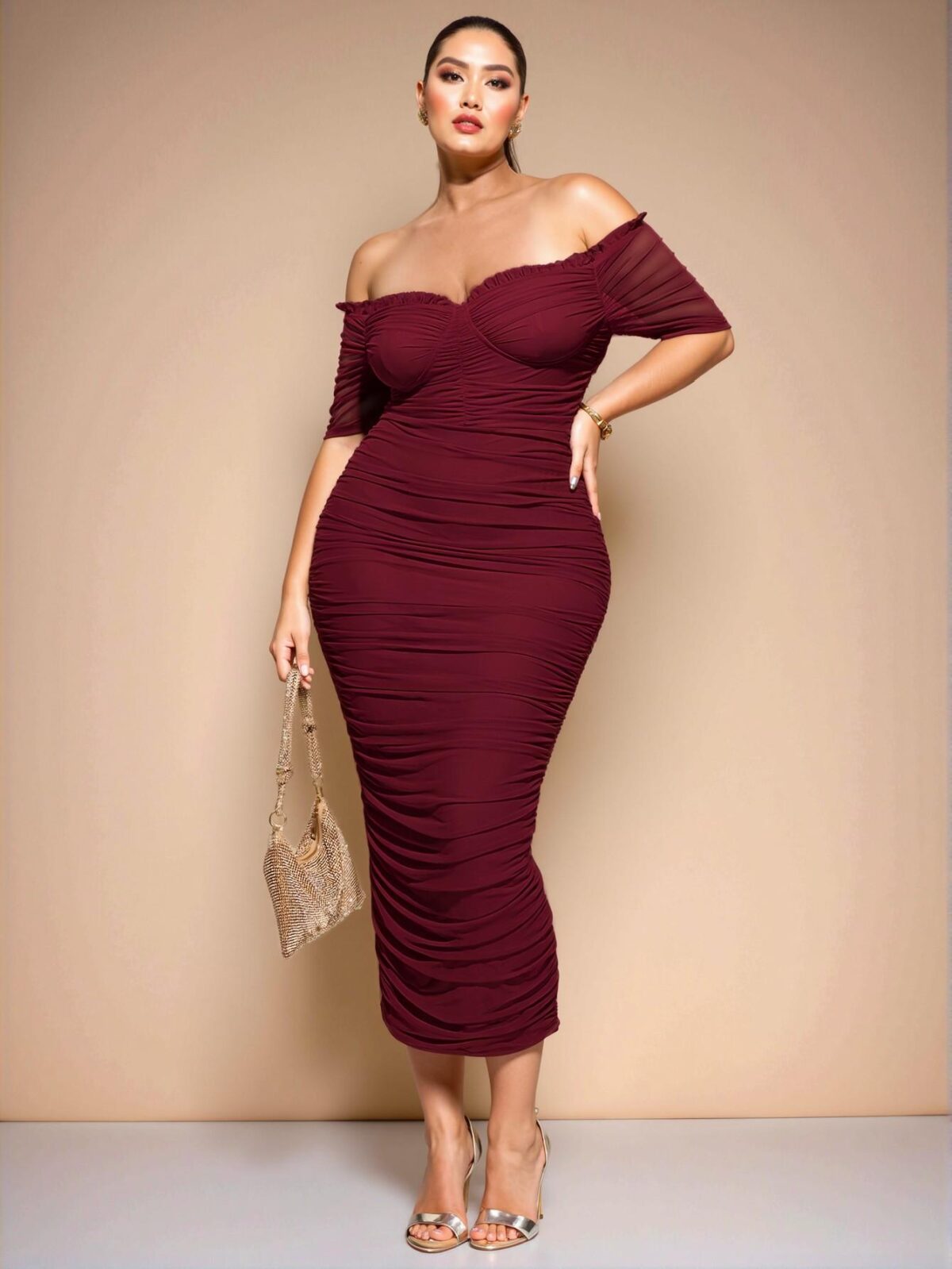 Elegant Burgundy Off-the-Shoulder Gathered Midi Dress for Women – Perfect for Summer Celebrations – Chic, Classy and Trendy Fashion Style to Dress to Impress - Image 4