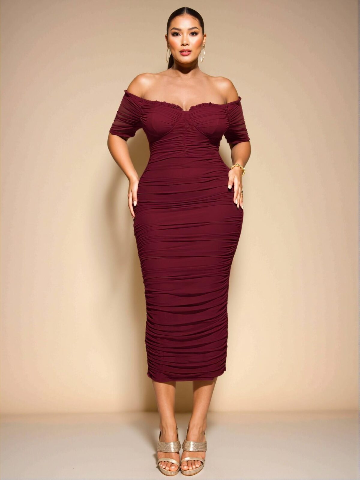 Elegant Burgundy Off-the-Shoulder Gathered Midi Dress for Women – Perfect for Summer Celebrations – Chic, Classy and Trendy Fashion Style to Dress to Impress - Image 5