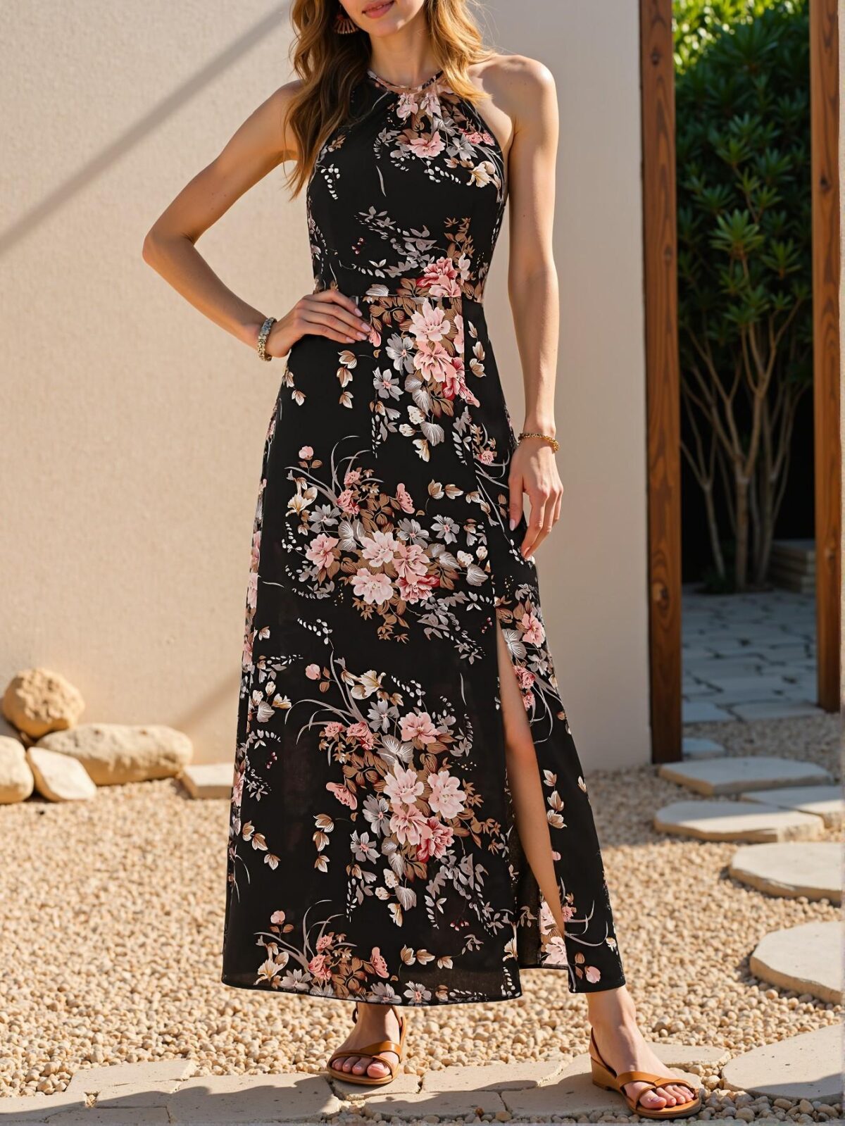 Elegant Black Floral Print A-Line Halter Maxi Dress with Split Thigh Detail for Spring and Summer: Chic, Classy and Trendy Fashion Style to Dress to Impress - Image 4