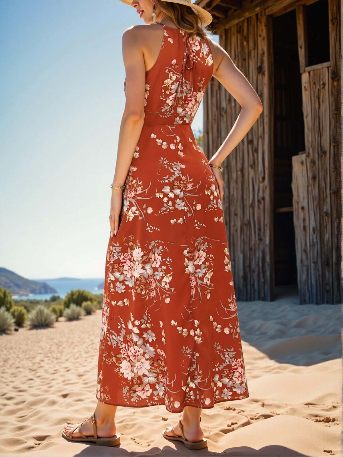 Elegant Brown Floral Print Split Thigh Halter Maxi Dress for Spring and Summer - Chic, Classy and Trendy Fashion Style to Dress to Impress - Image 2