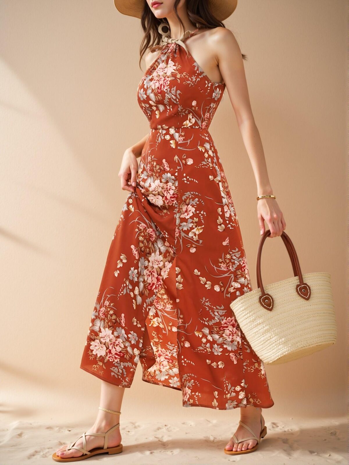 Elegant Brown Floral Print Split Thigh Halter Maxi Dress for Spring and Summer - Chic, Classy and Trendy Fashion Style to Dress to Impress - Image 5