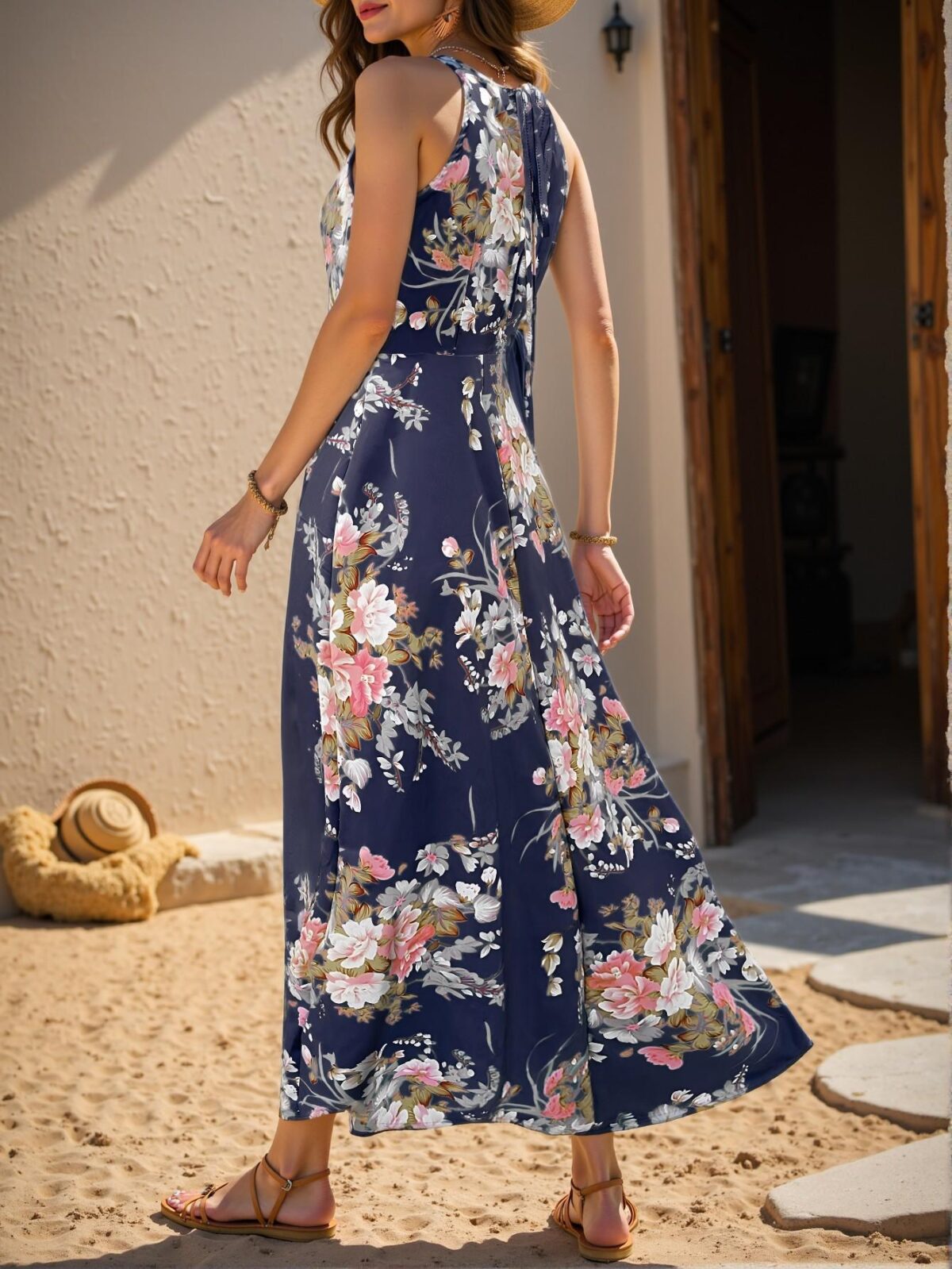 Elegant Royal Blue Boho Floral Print High Slit Halter Neck Dress for Spring and Summer - Chic, Classy and Trendy Fashion Style to Dress to Impress - Image 2