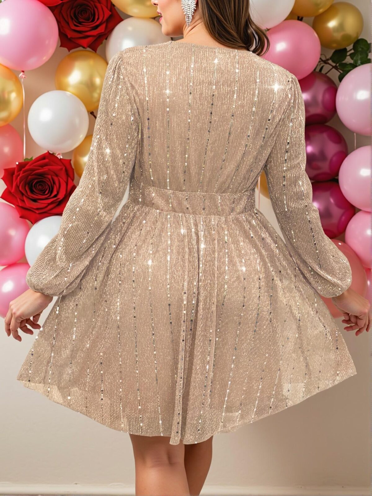 Elegant Champagne Sequin-Embellished Lantern Sleeve Party Dress - Chic, Classy and Trendy Fashion Style to Dress to Impress - Image 2