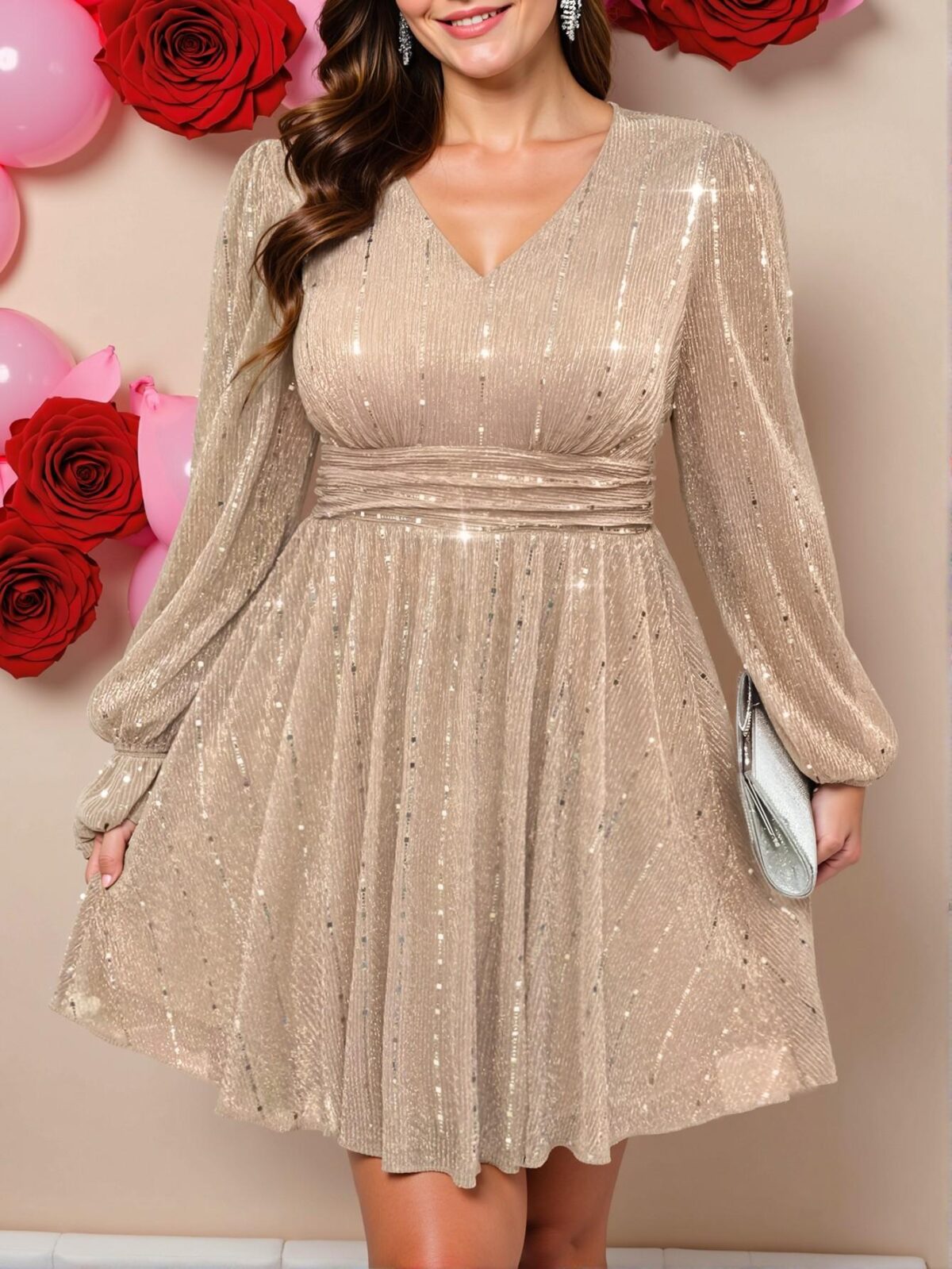 Elegant Champagne Sequin-Embellished Lantern Sleeve Party Dress - Chic, Classy and Trendy Fashion Style to Dress to Impress - Image 5