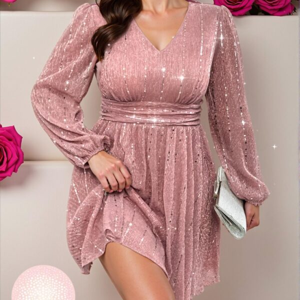 Elegant Pink Ruched Long Sleeve Sequin Dress for Plus Size Women - Chic, Classy and Trendy Fashion Style to Dress to Impress