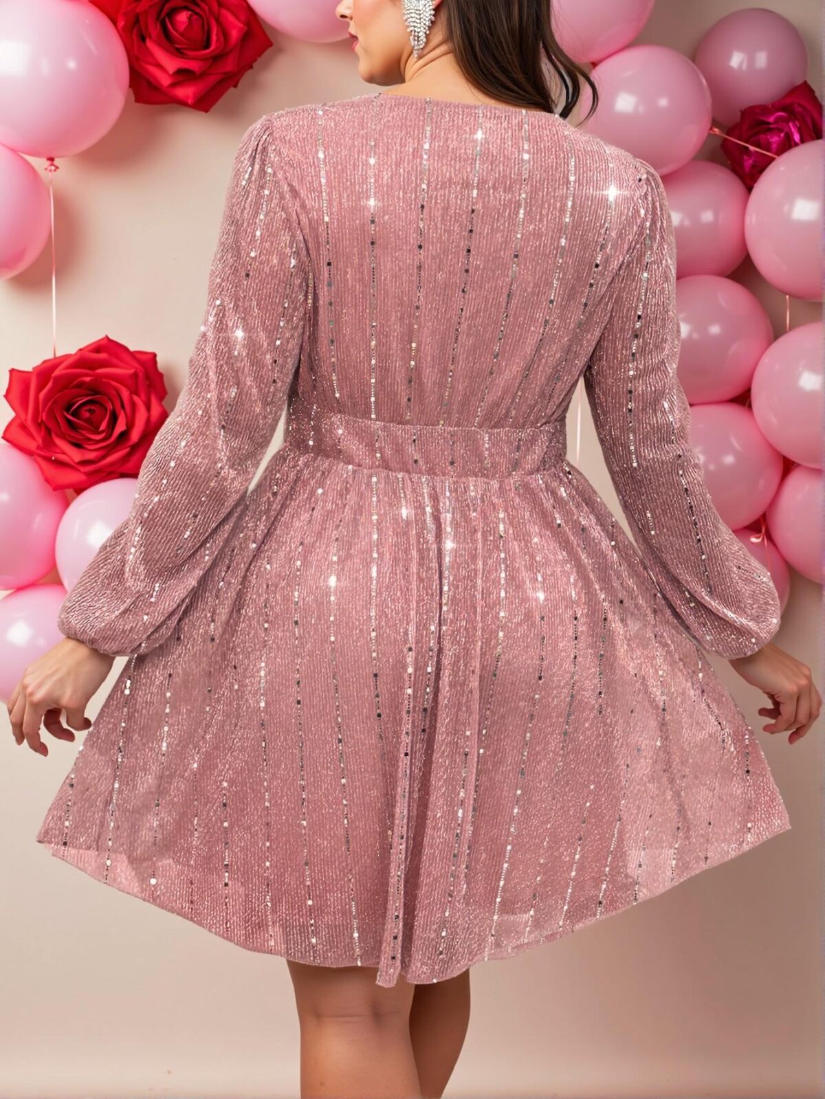Elegant Pink Ruched Long Sleeve Sequin Dress for Plus Size Women - Chic, Classy and Trendy Fashion Style to Dress to Impress - Image 2