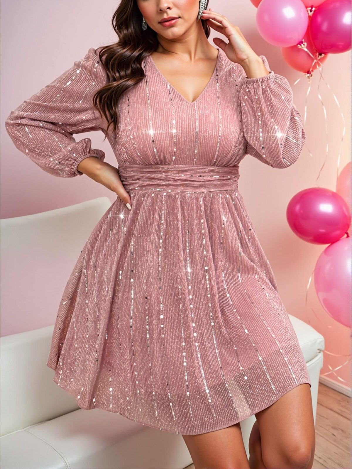 Elegant Pink Ruched Long Sleeve Sequin Dress for Plus Size Women - Chic, Classy and Trendy Fashion Style to Dress to Impress - Image 3