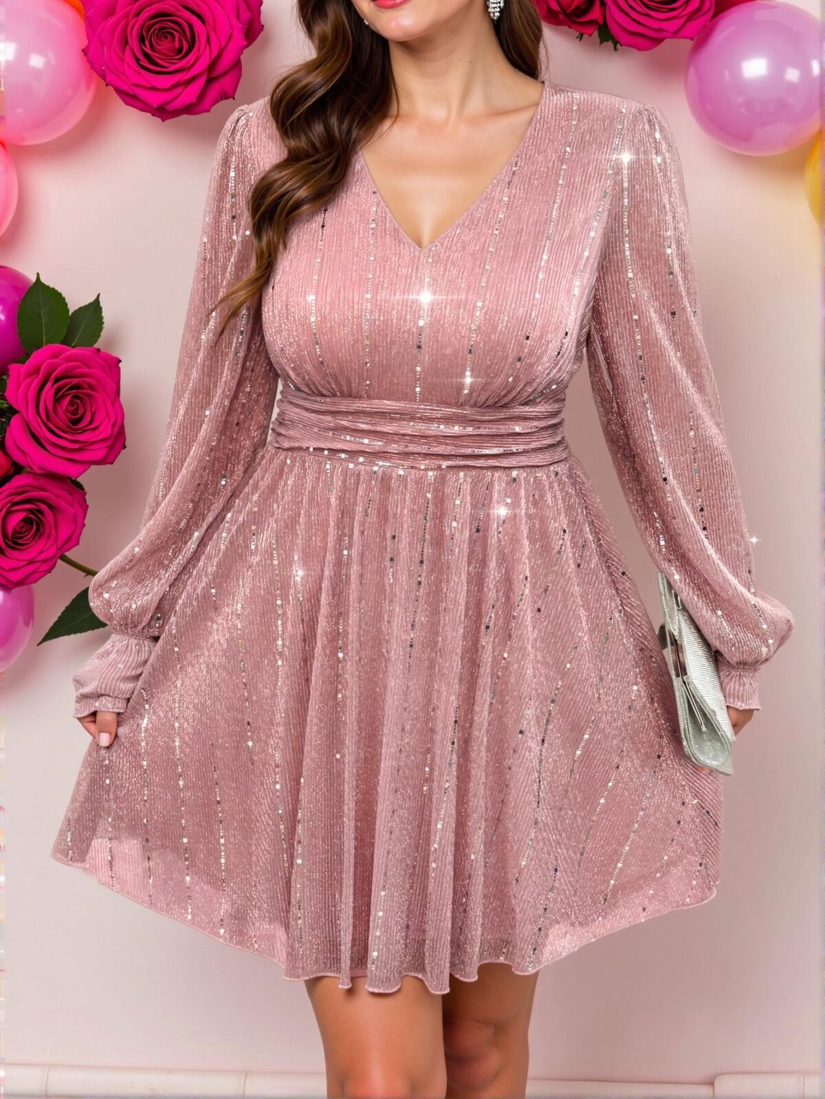 Elegant Pink Ruched Long Sleeve Sequin Dress for Plus Size Women - Chic, Classy and Trendy Fashion Style to Dress to Impress - Image 4