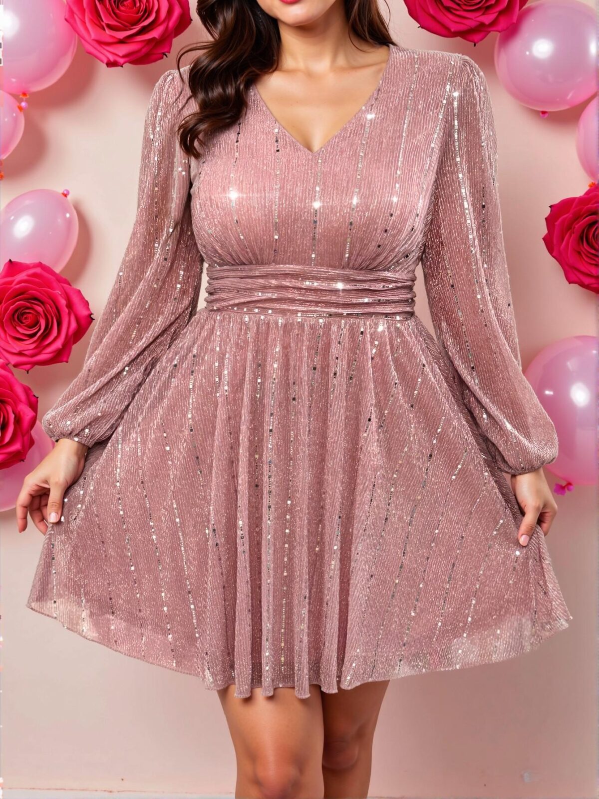 Elegant Pink Ruched Long Sleeve Sequin Dress for Plus Size Women - Chic, Classy and Trendy Fashion Style to Dress to Impress - Image 5