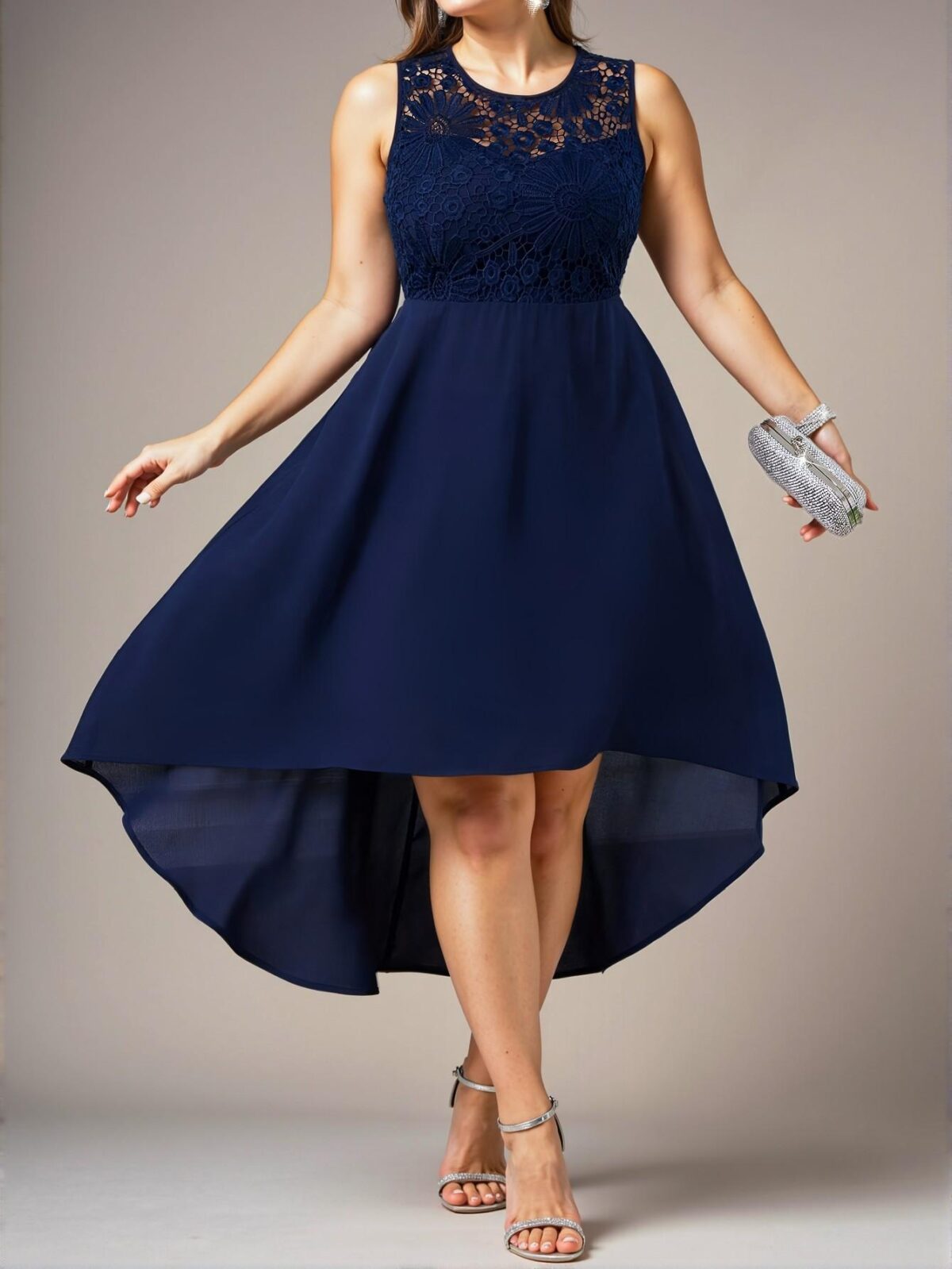 Elegant Blue Sophisticated Sleeveless High-Low Hem Contrast Lace Wedding Dress Chic, Classy and Trendy Fashion Style to Dress to Impress