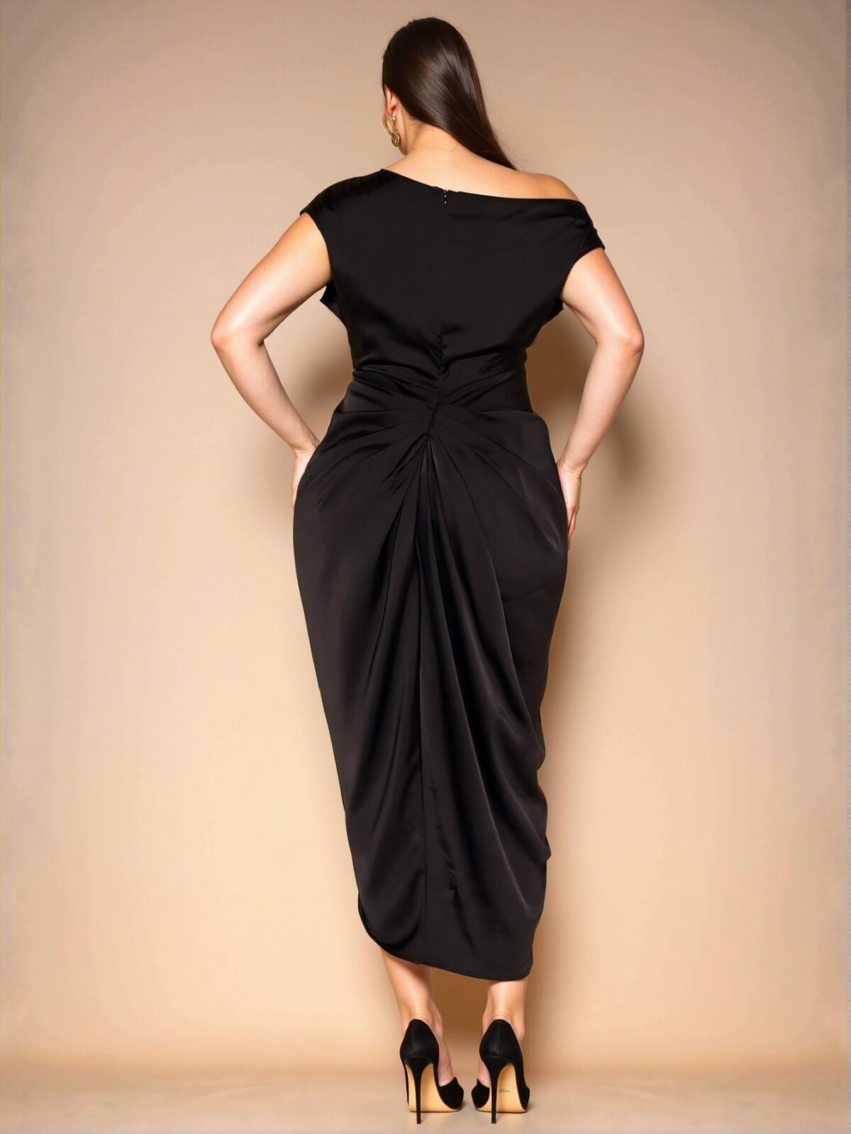 Elegant Black Asymmetrical Ruched High Slit Dress for Celebrations and Everyday Elegance - Chic, Classy and Trendy Fashion Style to Dress to Impress - Image 2