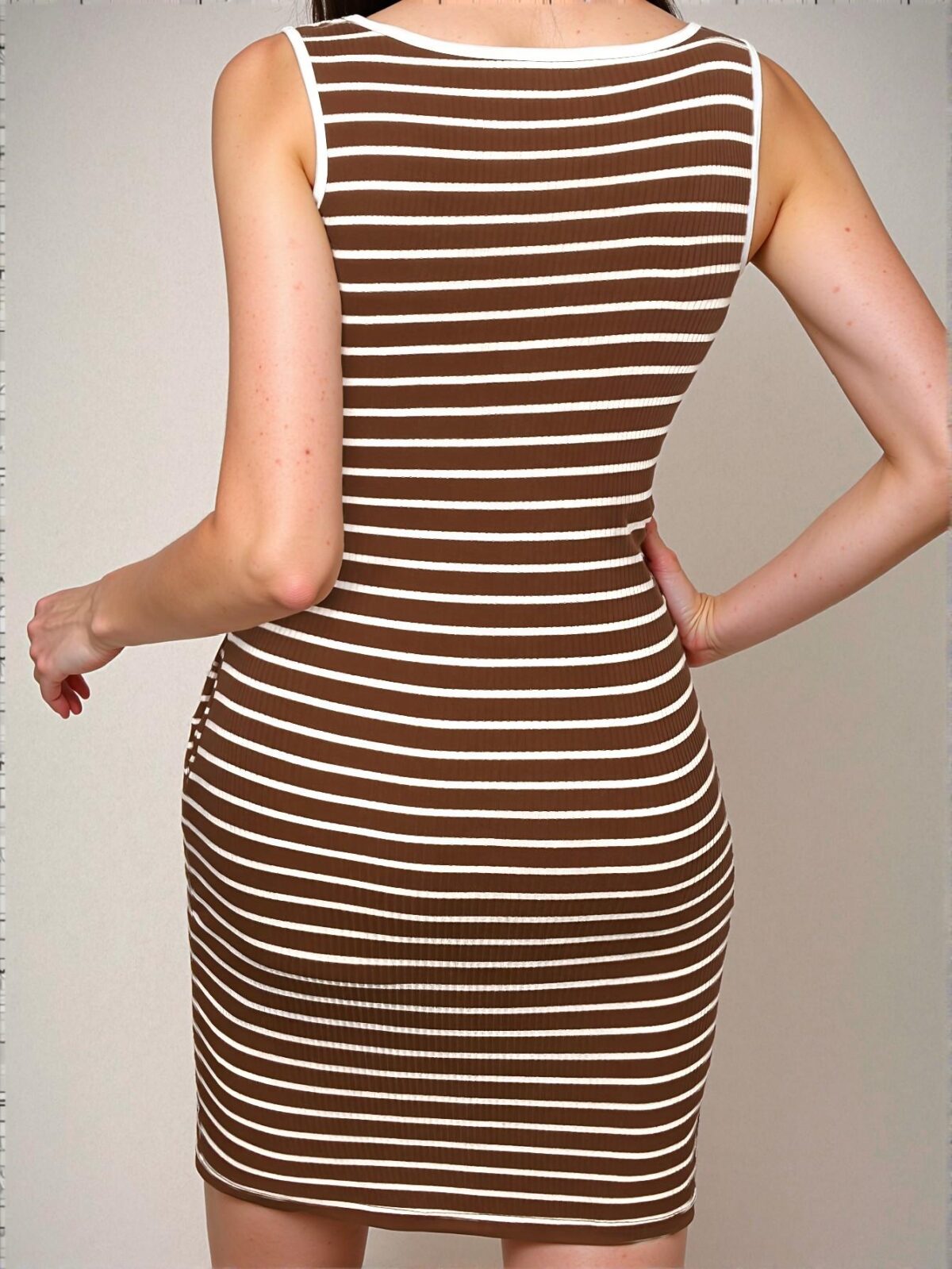 Elegant Brown Striped Fitted Casual Knitted Dress with Keyhole Buttons and Pockets for Spring and Summer - Chic, Classy and Trendy Fashion Style to Dress to Impress - Image 2