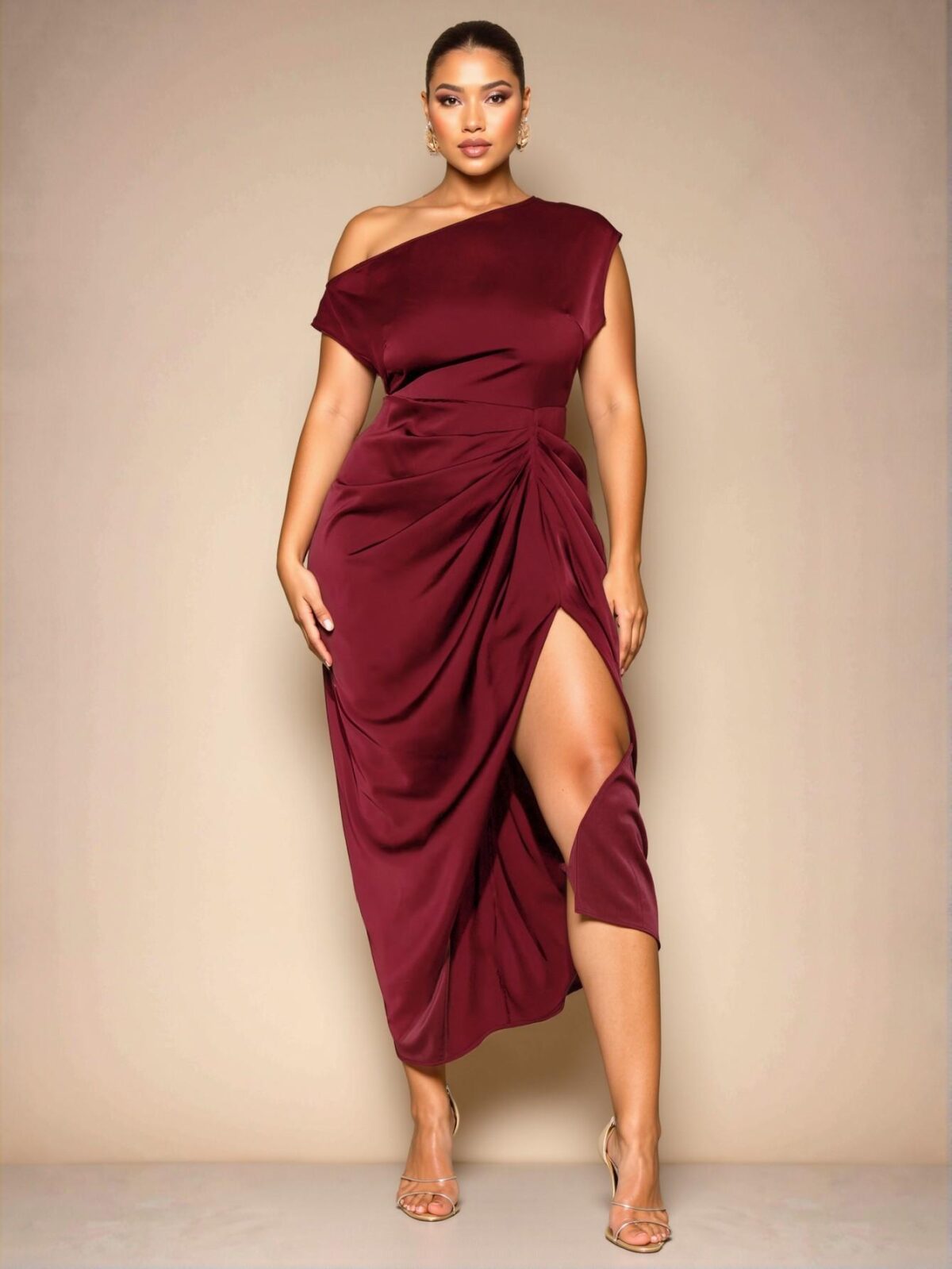 Elegant Burgundy Plus Size Women's Romantic Asymmetrical High Slit Dress for Holidays, Parties, and Birthdays - Chic, Classy and Trendy Fashion Style to Dress to Impress