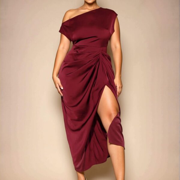 Elegant Burgundy Plus Size Women's Romantic Asymmetrical High Slit Dress for Holidays, Parties, and Birthdays - Chic, Classy and Trendy Fashion Style to Dress to Impress