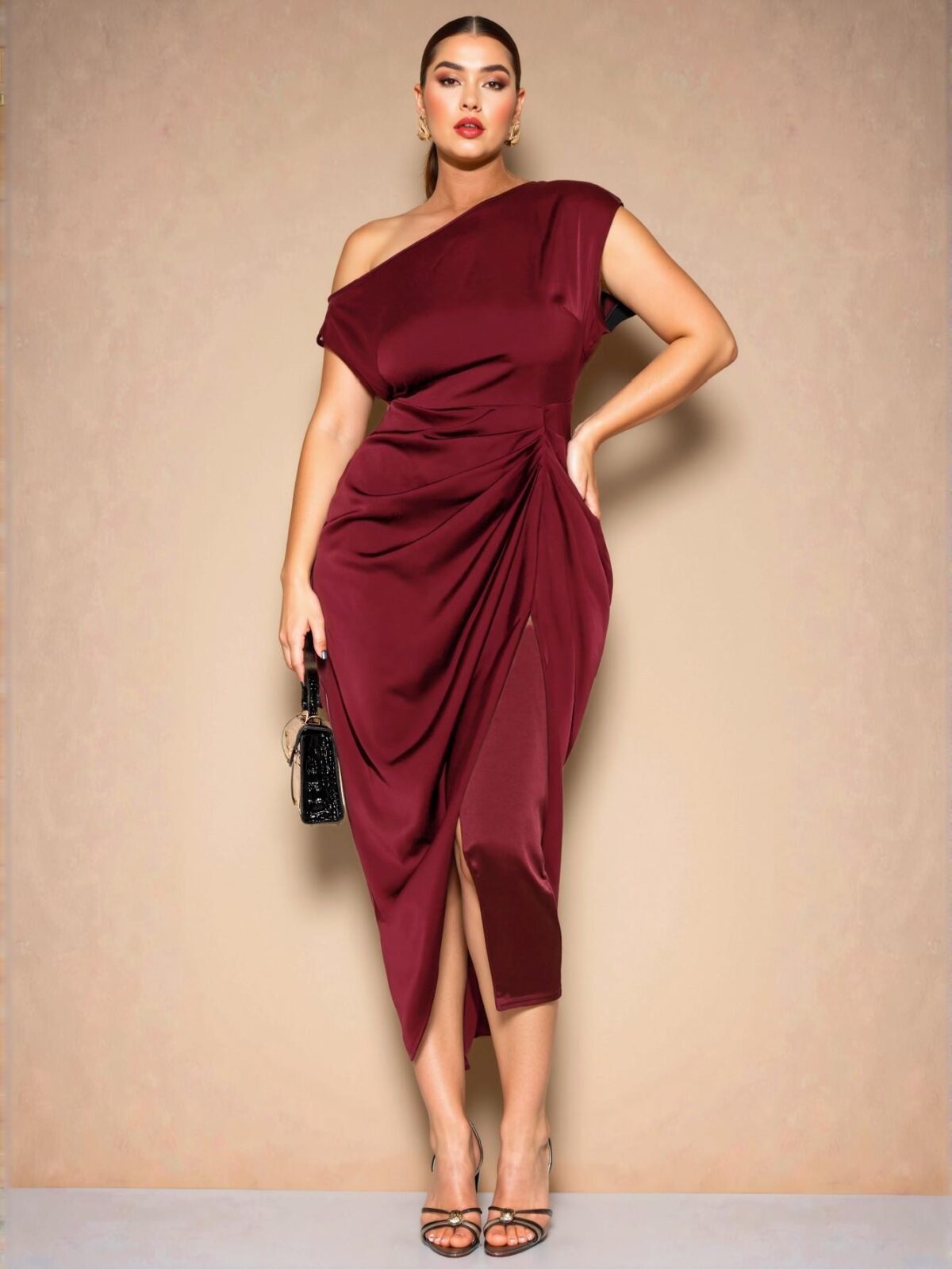 Elegant Burgundy Plus Size Women's Romantic Asymmetrical High Slit Dress for Holidays, Parties, and Birthdays - Chic, Classy and Trendy Fashion Style to Dress to Impress - Image 4