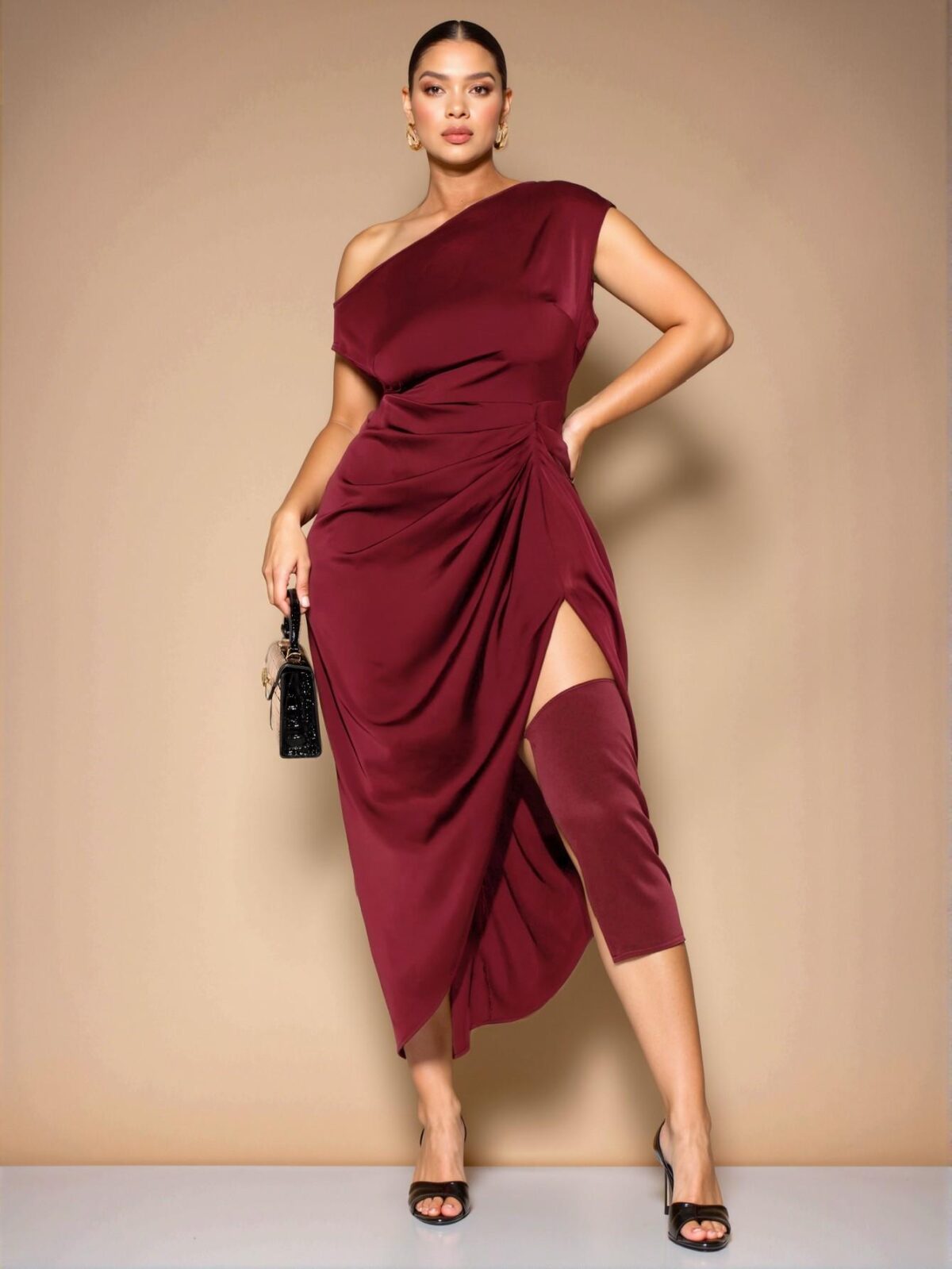 Elegant Burgundy Plus Size Women's Romantic Asymmetrical High Slit Dress for Holidays, Parties, and Birthdays - Chic, Classy and Trendy Fashion Style to Dress to Impress - Image 5