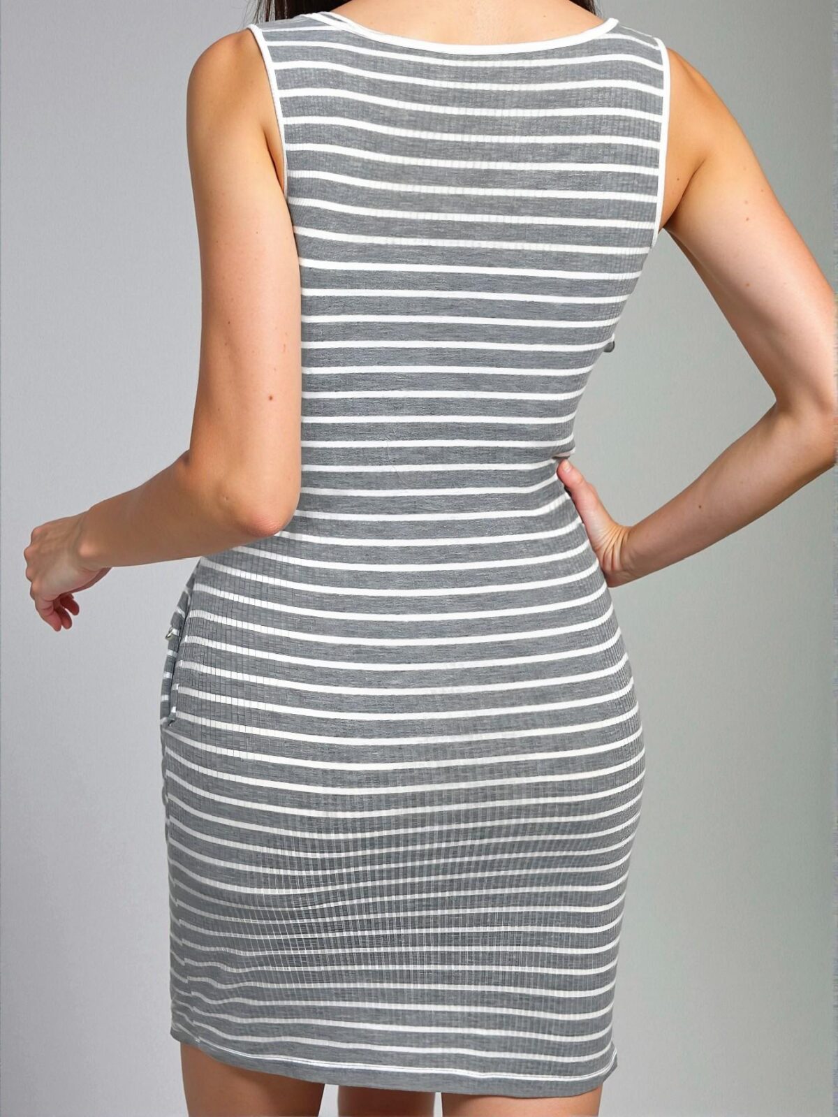 Elegant Light Grey Stylish Striped Casual Bodycon Dress with Notched Buttons and Pocket for Spring and Summer - Chic, Classy and Trendy Fashion Style to Dress to Impress - Image 2