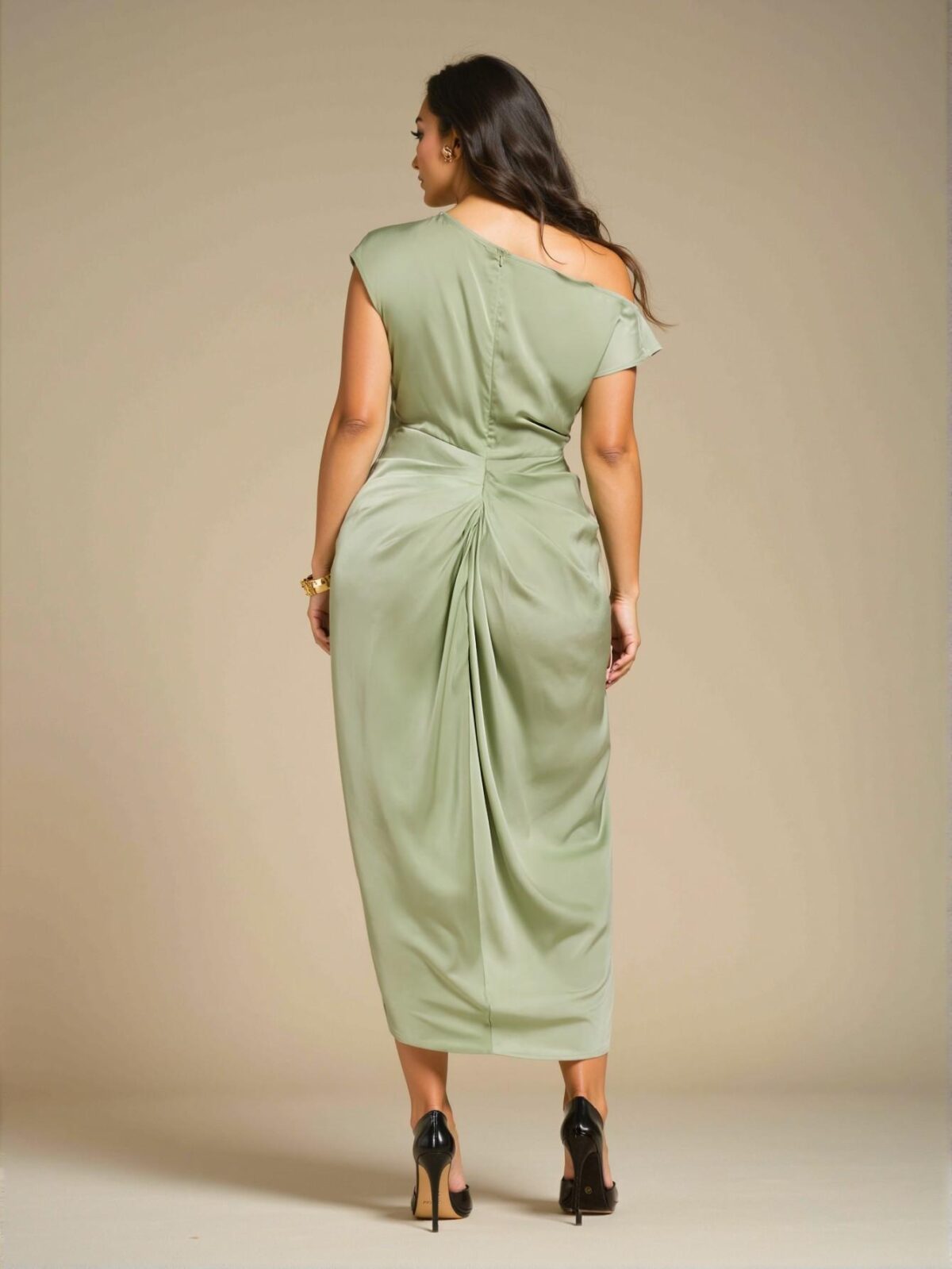 Elegant Mint Green Asymmetrical Satin Maxi Dress with Ruffles and High Slit for Romantic Valentine's Day and Parties - Chic, Classy and Trendy Fashion Style to Dress to Impress - Image 2