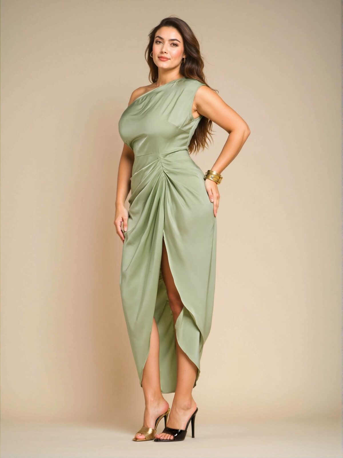 Elegant Mint Green Asymmetrical Satin Maxi Dress with Ruffles and High Slit for Romantic Valentine's Day and Parties - Chic, Classy and Trendy Fashion Style to Dress to Impress - Image 5