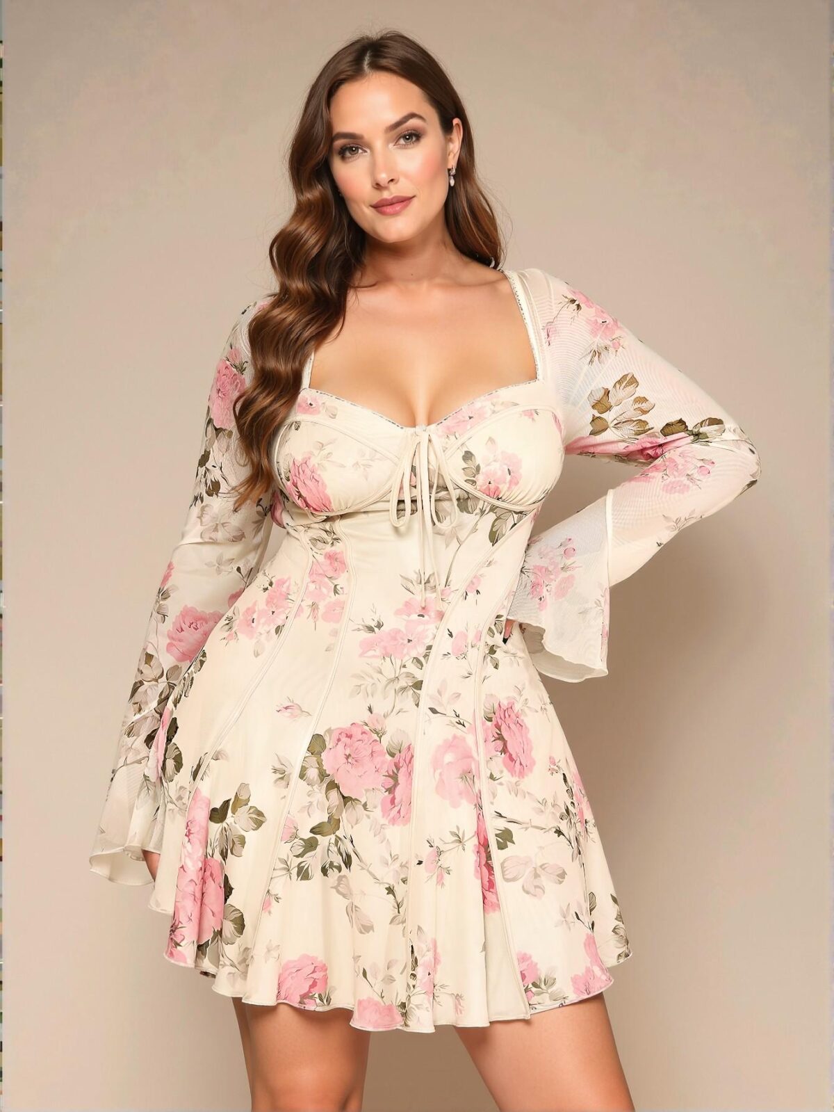 Elegant Apricot Flared Sleeve Floral A-Line Dress with Sweetheart Neckline for Romantic Dates and Beach Outings - Chic, Classy and Trendy Fashion Style to Dress to Impress