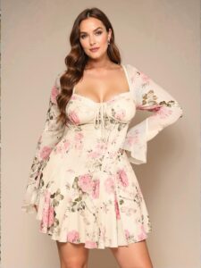 Elegant Apricot Flared Sleeve Floral A-Line Dress with Sweetheart Neckline for Romantic Dates and Beach Outings - Chic, Classy and Trendy Fashion Style to Dress to Impress
