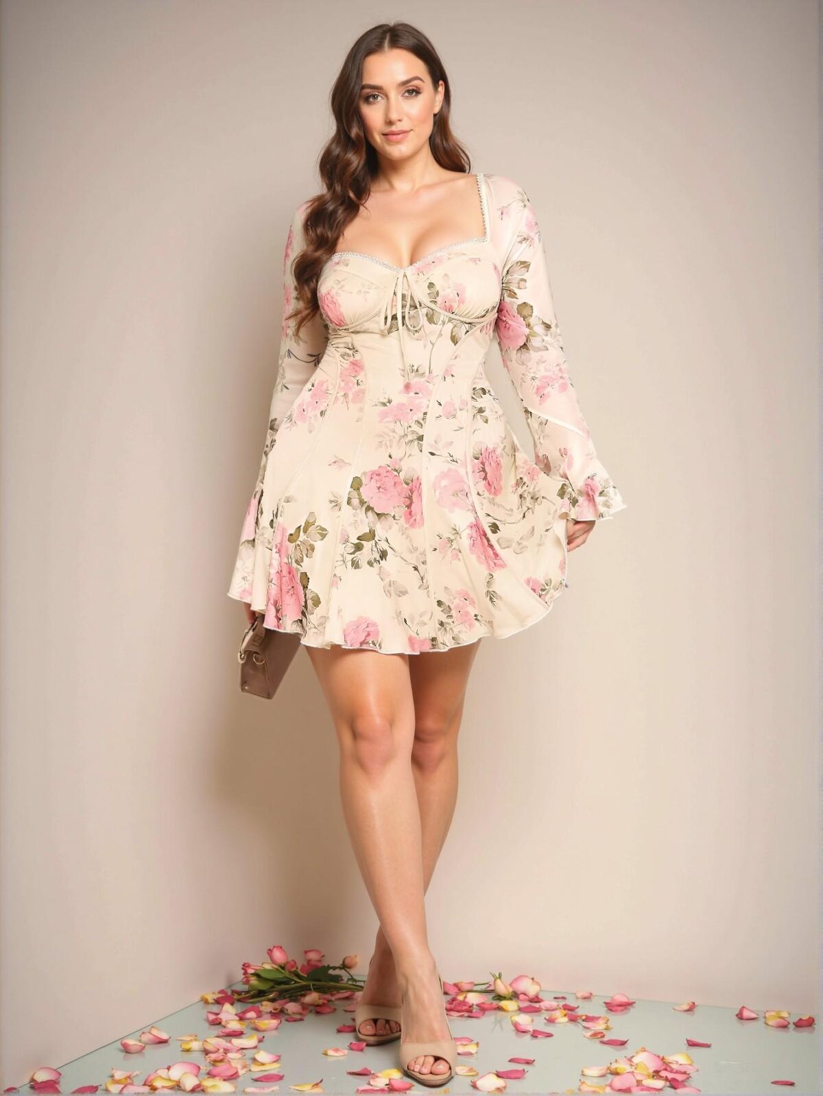 Elegant Apricot Flared Sleeve Floral A-Line Dress with Sweetheart Neckline for Romantic Dates and Beach Outings - Chic, Classy and Trendy Fashion Style to Dress to Impress - Image 3
