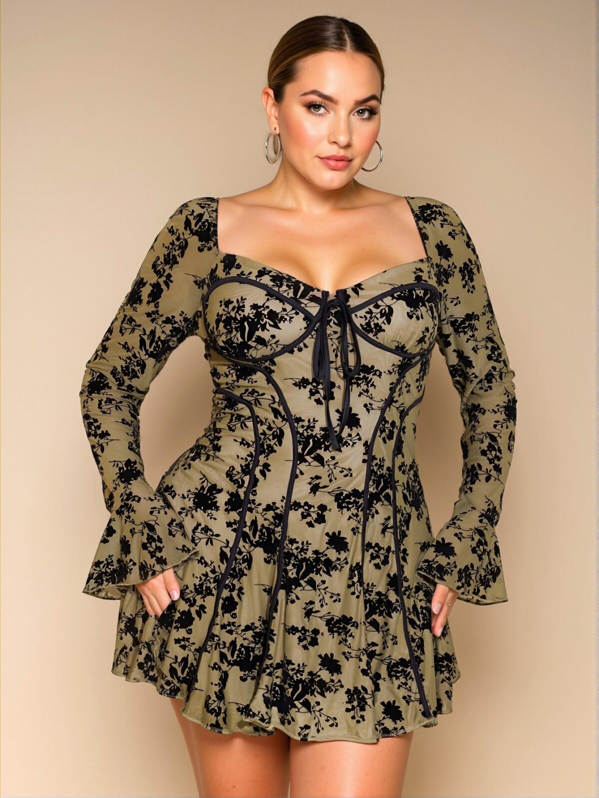 Elegant Army Green Flared Mini Dress with Sweetheart Neckline and Ruffle Hem for Casual Autumn/Winter Dates - Chic, Classy and Trendy Fashion Style to Dress to Impress