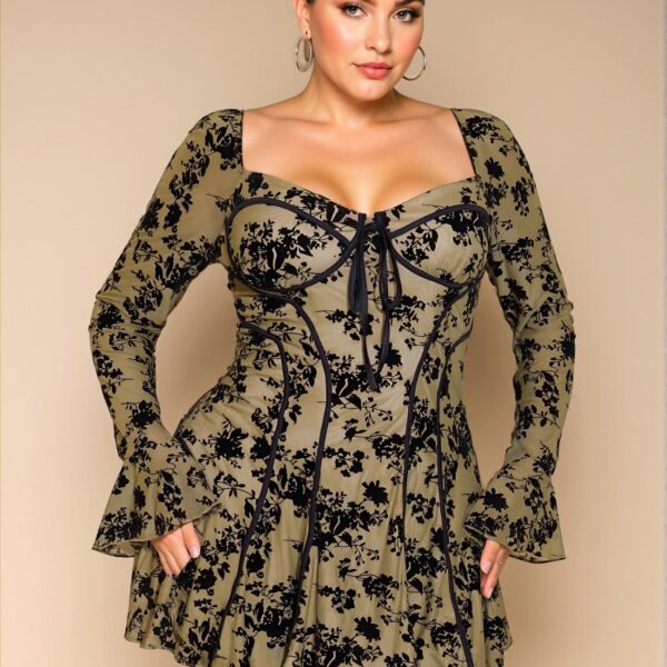 Elegant Army Green Flared Mini Dress with Sweetheart Neckline and Ruffle Hem for Casual Autumn/Winter Dates - Chic, Classy and Trendy Fashion Style to Dress to Impress