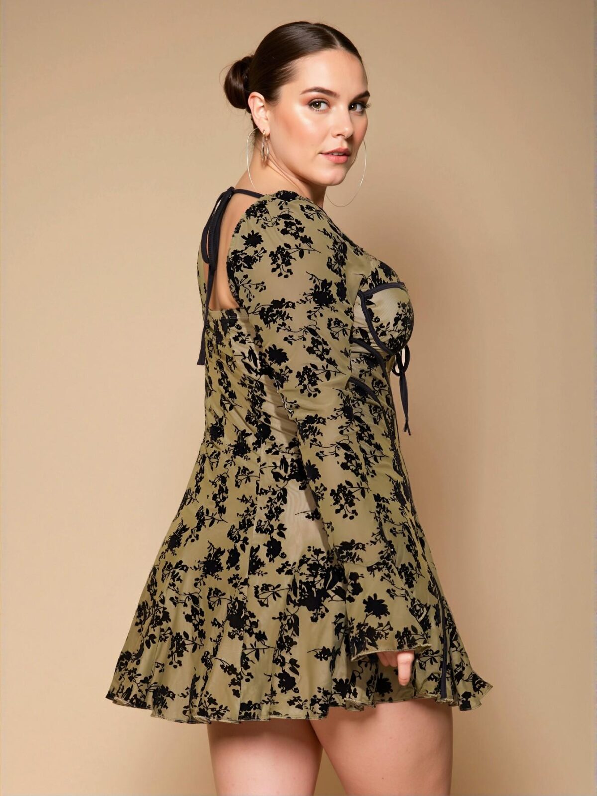 Elegant Army Green Flared Mini Dress with Sweetheart Neckline and Ruffle Hem for Casual Autumn/Winter Dates - Chic, Classy and Trendy Fashion Style to Dress to Impress - Image 2