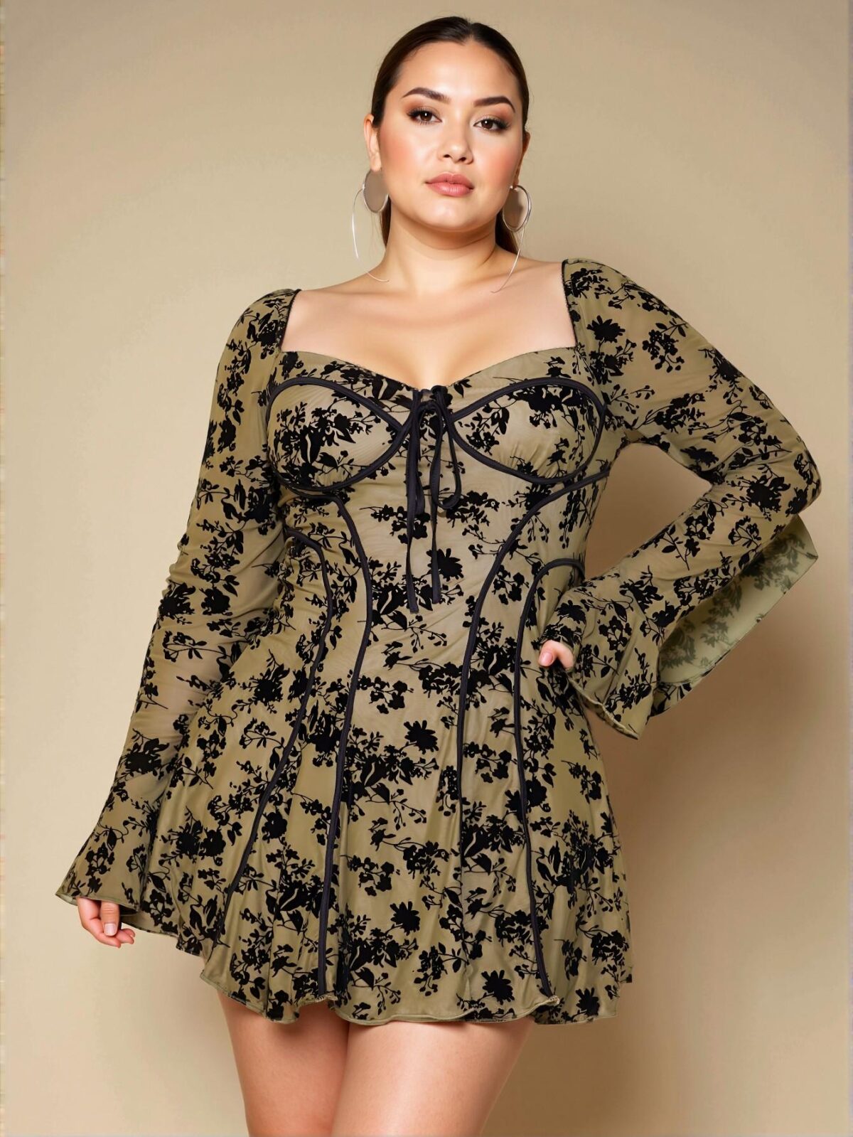 Elegant Army Green Flared Mini Dress with Sweetheart Neckline and Ruffle Hem for Casual Autumn/Winter Dates - Chic, Classy and Trendy Fashion Style to Dress to Impress - Image 3