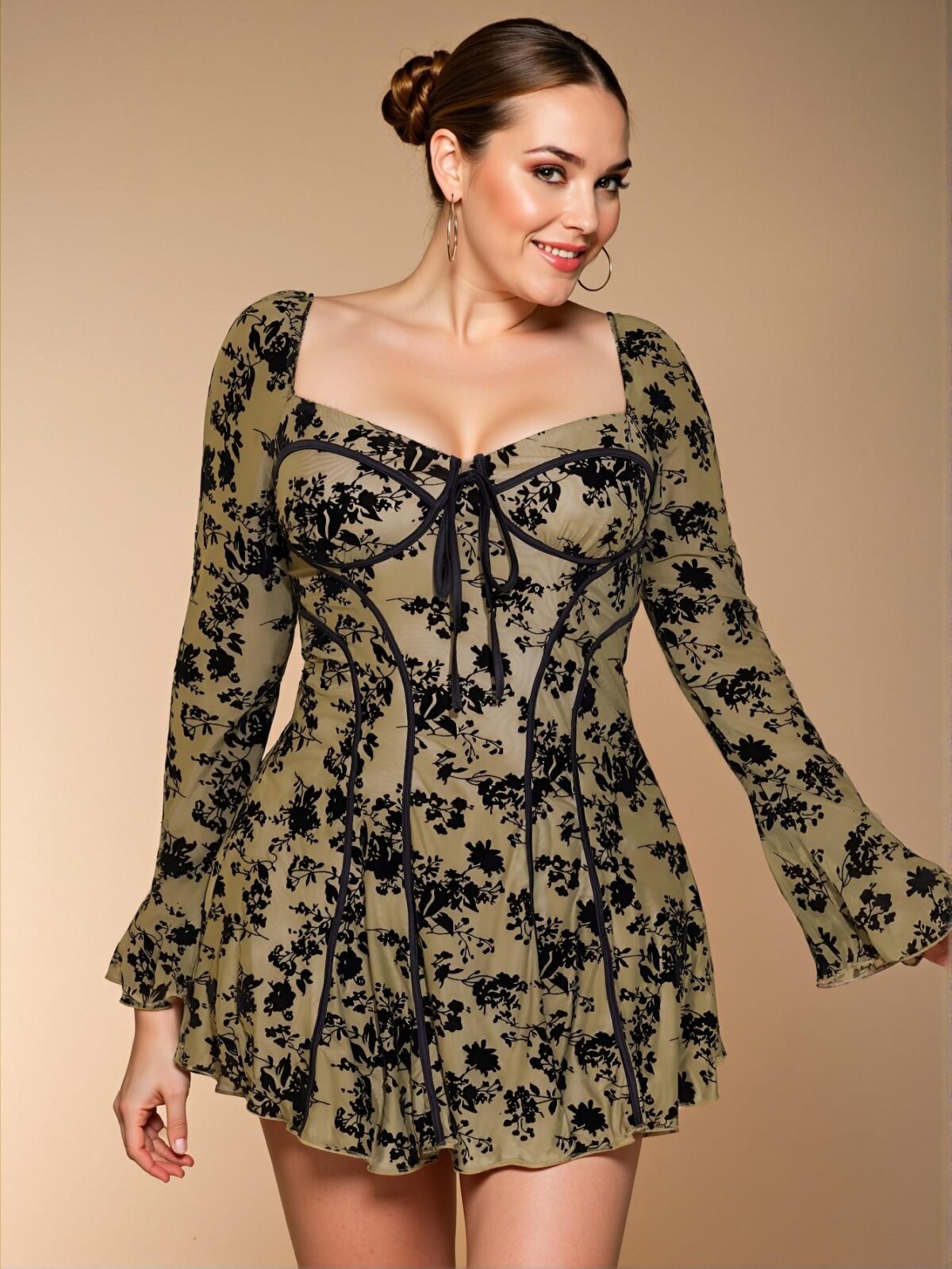Elegant Army Green Flared Mini Dress with Sweetheart Neckline and Ruffle Hem for Casual Autumn/Winter Dates - Chic, Classy and Trendy Fashion Style to Dress to Impress - Image 5