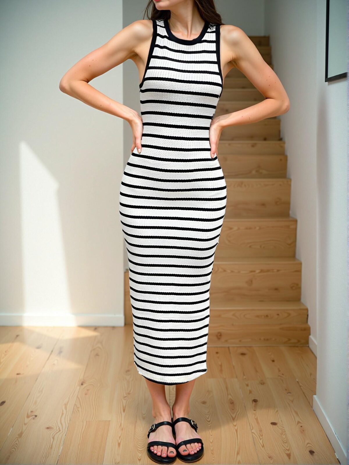 Elegant Black and White Striped Slim Side Slit Midi Dress for Casual Office and Vacation Wear, Perfect for Spring and Summer Business Attire - Chic, Classy and Trendy Fashion Style to Dress to Impress - Image 4