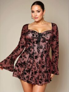 Elegant Burgundy Flirty Velvet Jacquard Peplum A-Line Dress with Long Flare Sleeves for Autumn Date Night - Chic, Classy and Trendy Fashion Style to Dress to Impress