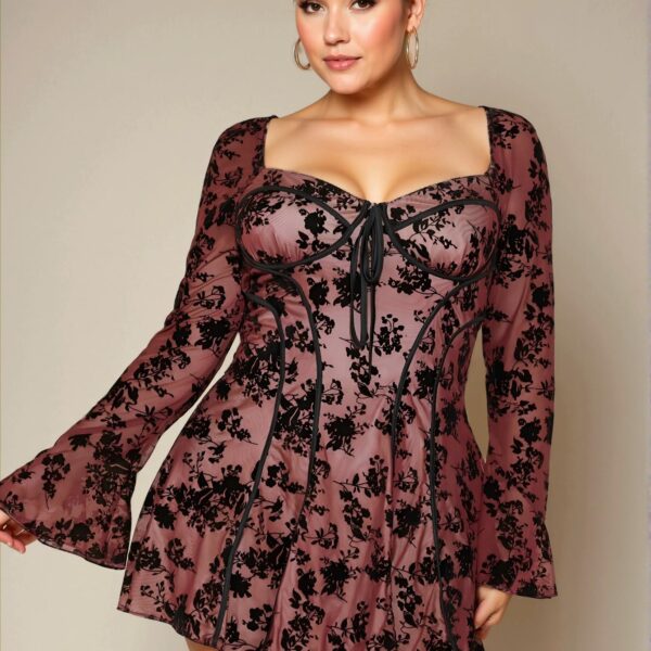 Elegant Burgundy Flirty Velvet Jacquard Peplum A-Line Dress with Long Flare Sleeves for Autumn Date Night - Chic, Classy and Trendy Fashion Style to Dress to Impress