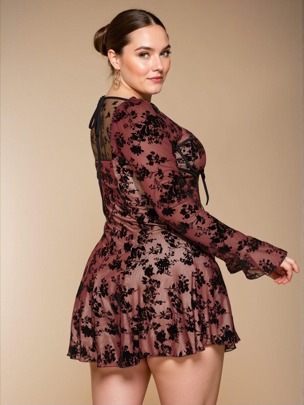 Elegant Burgundy Flirty Velvet Jacquard Peplum A-Line Dress with Long Flare Sleeves for Autumn Date Night - Chic, Classy and Trendy Fashion Style to Dress to Impress - Image 2